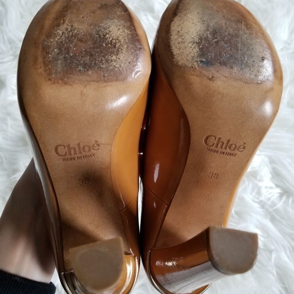 Chloe Patent Leather Bow Front Camel Pumps - Picture 7 of 8